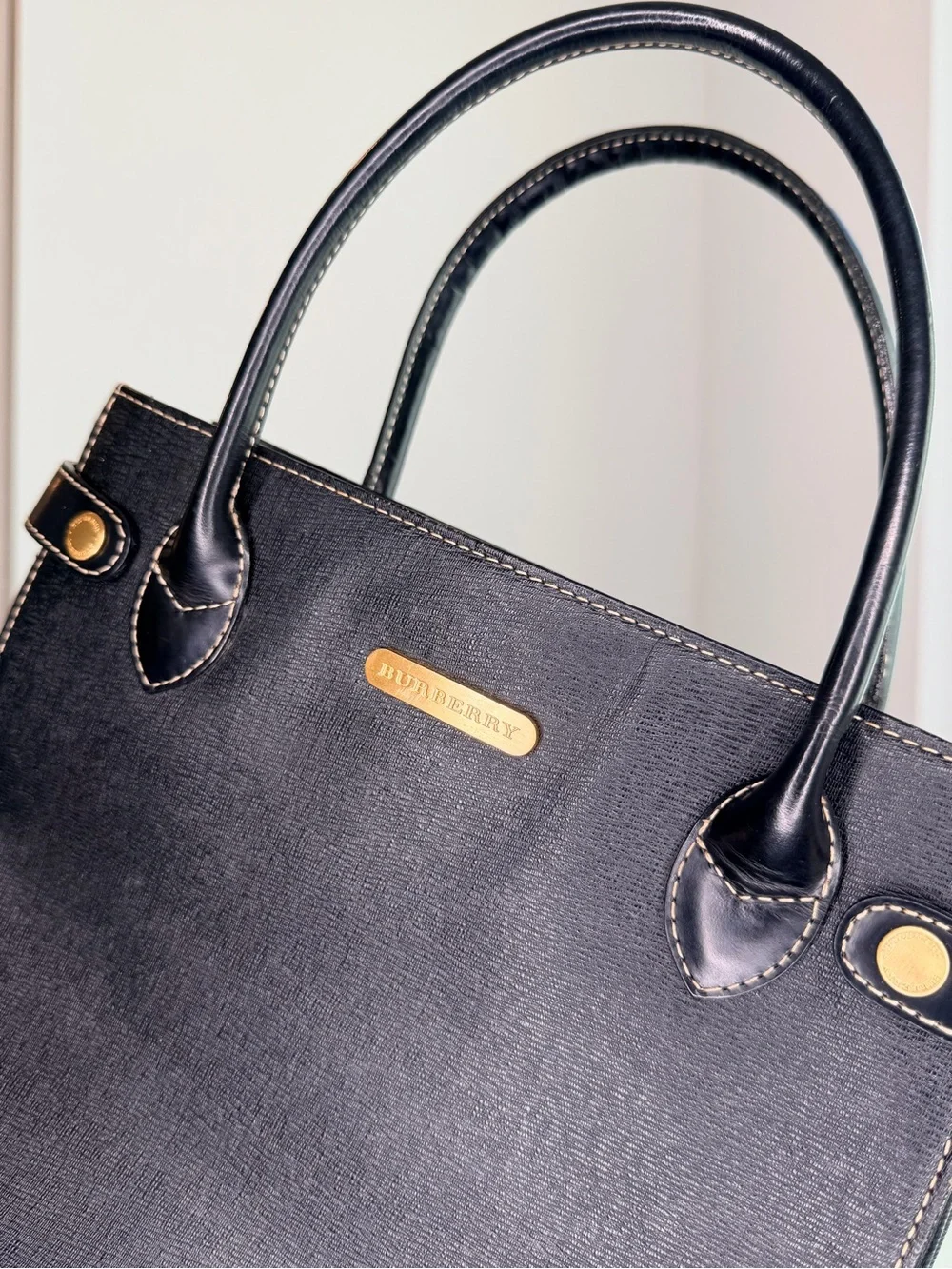 Vintage Burberry Black Leather Tote Bag